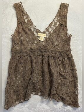 Y2K REQUEST women's light brown flowy sheer lace v-neck tank, S.